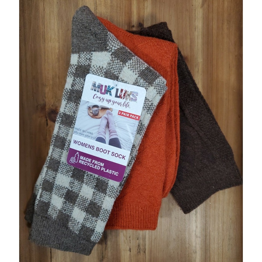 MUK LUKS Boot Socks Women's 3pk Brown Check - Orange - Brown Size 6-11 NEW